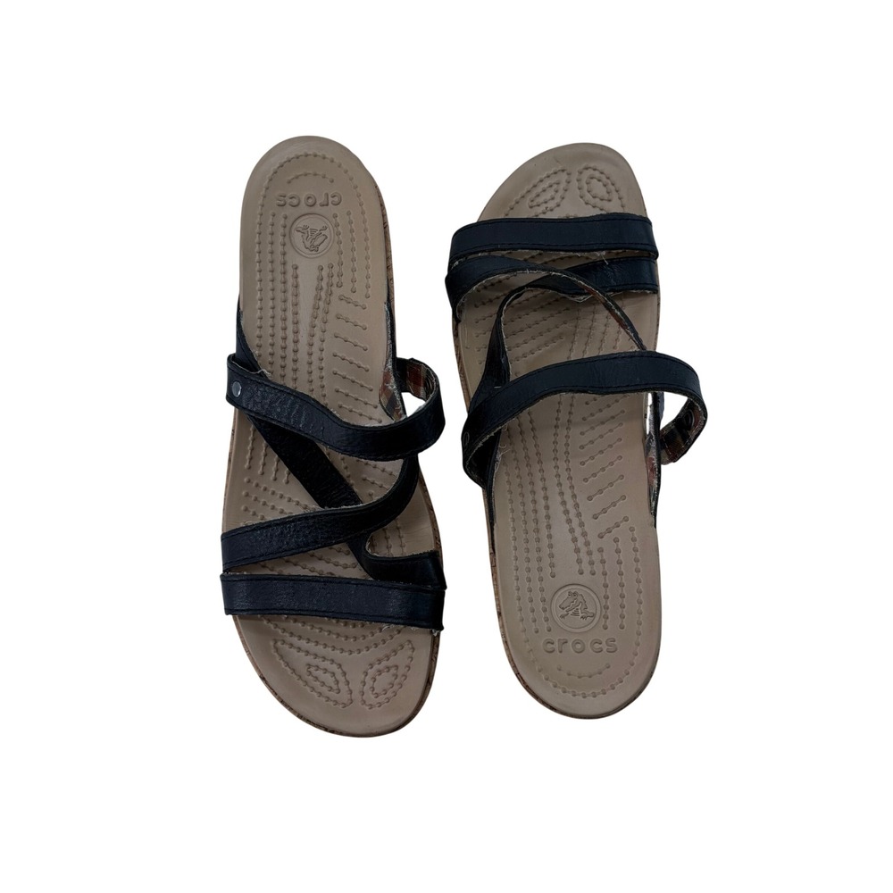 Crocs A-Leigh Leather Strappy Wedge Sandals Black Cork Heel Womens 9